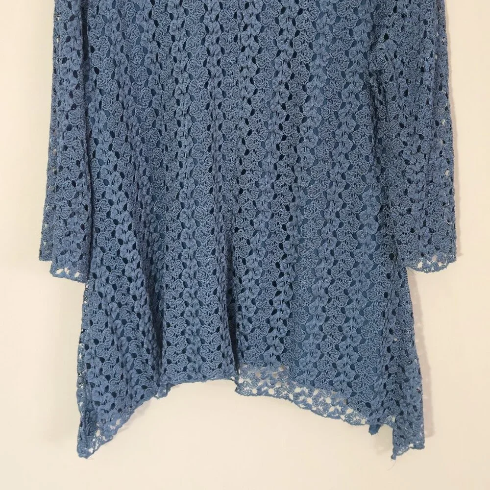 Initiatives Lined Teal Blue Lace Tunic Sharkbite Hem Crochet Lagenlook Blouse XL - Picture 4 of 10